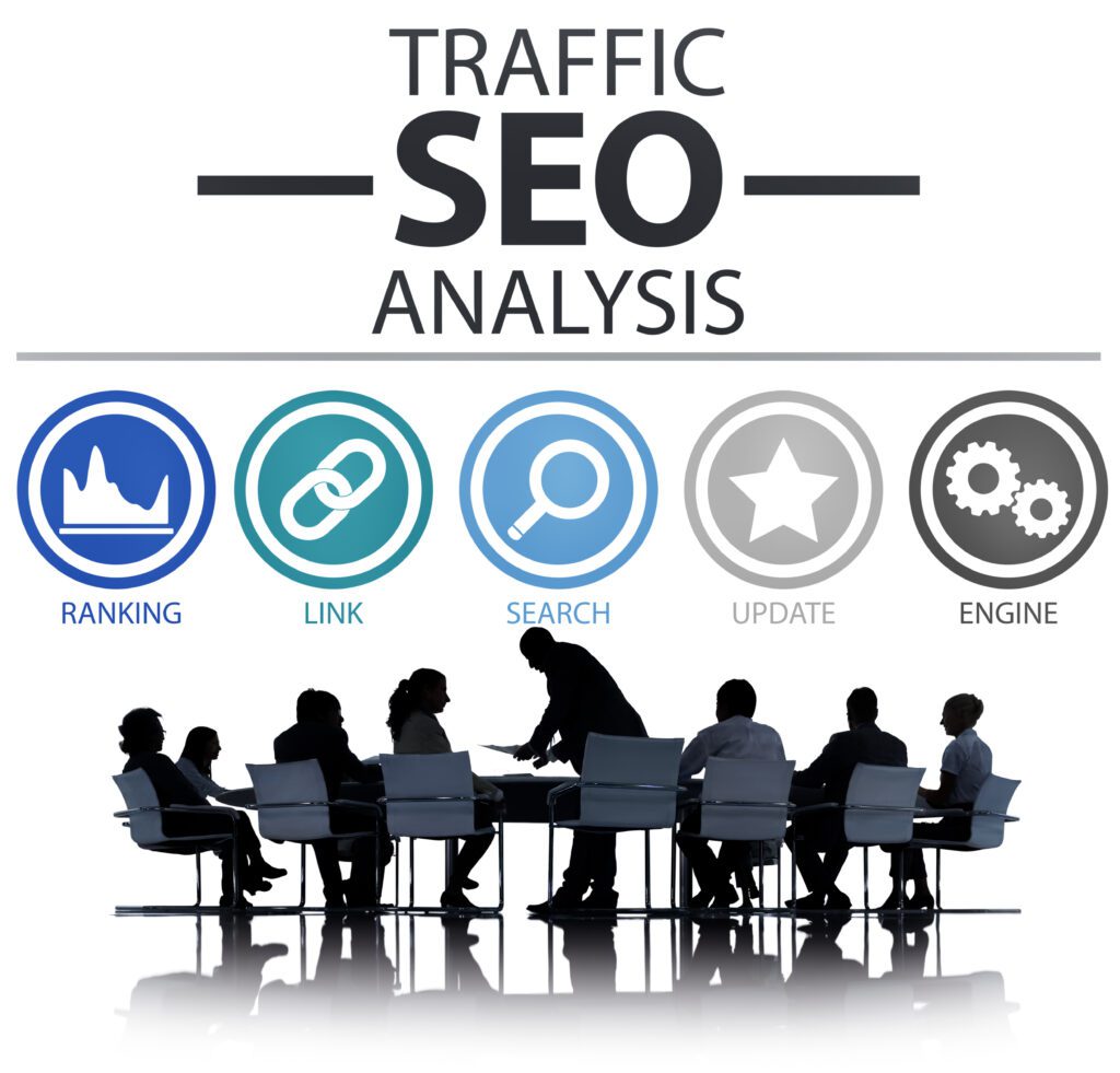 "Business team discussing SEO traffic analysis with icons representing ranking, link building, search, updates, and engine optimization."